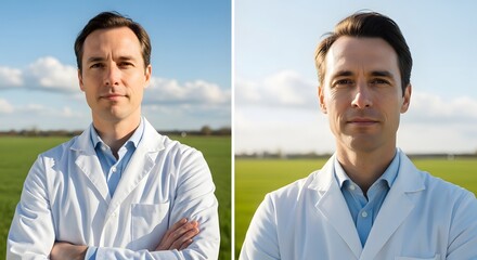 Two male scientists or doctors standing outdoors in a bright, sunny environment with a clear sky and green field in the background, dressed in white lab coats and looking at the camera