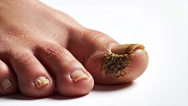 Close up macro view of a fungal toenail infection and dry skin on a human foot