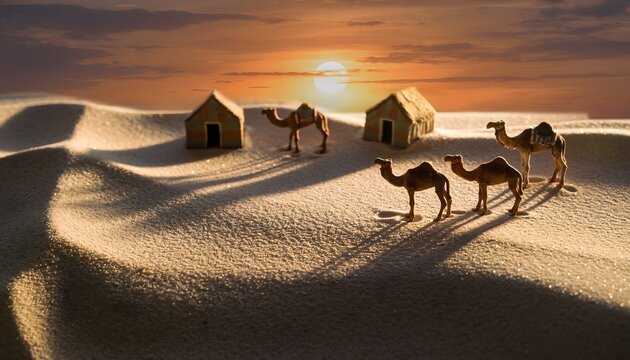 Miniature diorama of a camel caravan crossing a desert landscape with small huts at golden hour sunset