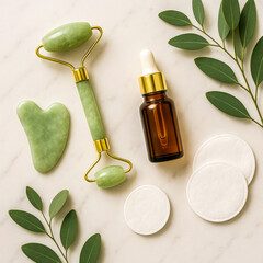 Square skincare flatlay featuring a jade facial roller, matching gua sha tool, amber serum bottle with white dropper, cotton pads, and fresh green leaves arranged neatly on a marble surface