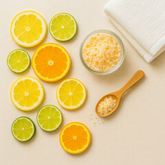 Square flatlay arrangement of fresh citrus slices including lemon, lime, and orange placed alongside a jar of citrus-infused bath salts, a wooden spoon, and a soft white towel on a light background