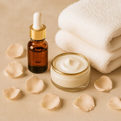 Square skincare composition featuring a glass jar of luxurious moisturizing cream, an amber serum bottle with a white dropper, soft white towels, scattered pale rose petals arranged on a beige surface