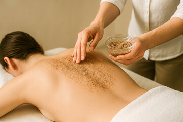 Horizontal close-up of a spa therapist applying a natural exfoliating scrub to a woman’s back during a professional treatment session, capturing a soothing wellness ritual ideal for skincare promotion