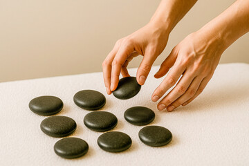 Horizontal close-up of a therapist’s hands arranging smooth black hot stones on a white treatment table, capturing a focused preparation process ideal for massage therapy promotions, wellness ads