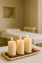 Vertical spa still life featuring three glowing pillar candles arranged neatly on a ceramic tray filled with dried botanicals, placed in a softly lit massage room, creating a warm, serene atmosphere