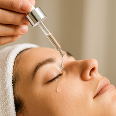Square extreme close-up of a skincare serum being applied with a glass dropper to the delicate eye area of a woman’s face, highlighting hydration, rejuvenation, and luxury beauty treatment concepts