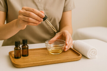 Horizontal close-up of a spa therapist preparing aromatic essential oils by using a glass dropper to mix golden liquid into a small bowl on a wooden tray, surrounded by amber bottles, a rolled towel
