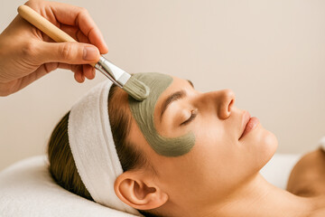 Horizontal close-up of a woman receiving a soothing facial mask application with a soft brush in a serene spa environment, showcasing calm relaxation, natural skincare, rejuvenating beauty treatments