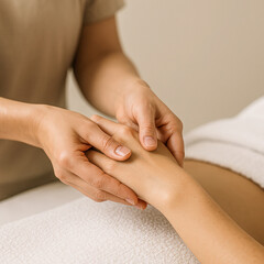 Square close-up of a professional therapist massaging a client’s hand in a calm spa environment, highlighting relaxation, gentle touch, and holistic wellness, ideal for massage therapy promotions