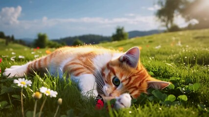 cute orange tabby kitten chasing a colorful butterfly in a green grass meadow with wildflowers under a sunny blue sky in a beautiful spring scenery - Powered by Adobe