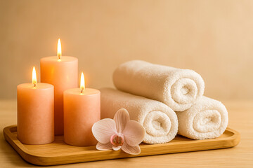 Horizontal spa arrangement featuring rolled white towels, softly glowing candles, and a delicate orchid flower on a wooden tray, capturing a warm, inviting, and luxurious wellness atmosphere 