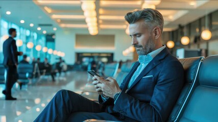 Confident businessman checking emails on his phone while waiting at a bright modern airport lounge - Powered by Adobe