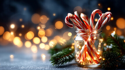 Festive candy canes glowing in jar adorned with warm fairy lights next to pine branches, evoking cozy holiday cheer and winter magic