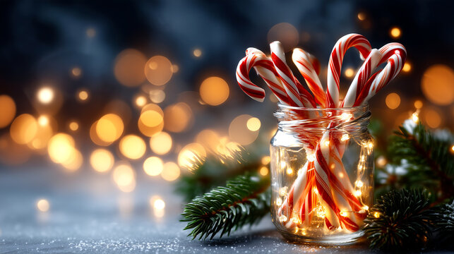 Festive candy canes glowing in jar adorned with warm fairy lights next to pine branches, evoking cozy holiday cheer and winter magic
