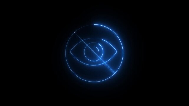 Neon eye off icon glowing black background animation, Glowing neon Hide eye symbol, sensitive content icon animation 4k video motion hidden invisible icon, blind eye Icon animation.