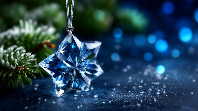 Sparkling faceted crystal star ornament glitters on frosty pine branch under magical blue bokeh lights, evoking winter wonder and festive cheer.