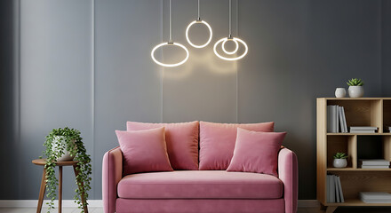 Modern living room interior with pink sofa, pendant lights and wooden shelf against wall