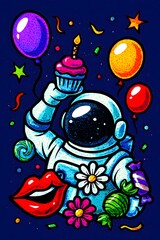 Fototapeta premium Astronaut celebrating birthday with cupcake balloons and party elements in space