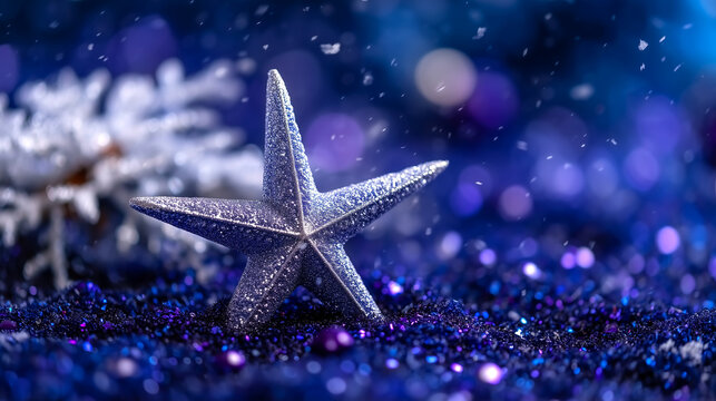 Sparkling star ornament in a dreamy blue wonderland, perfect for holiday promotions, elegant seasonal greetings, and magical winter backgrounds - Powered by Adobe