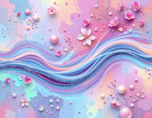 Colorful Abstract Floral Scene with Pastel Waves and Beads