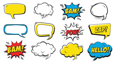 Dynamic comic book speech bubbles set for creative projects, adding action and retro vibes to your designs with engaging cartoon talk elements