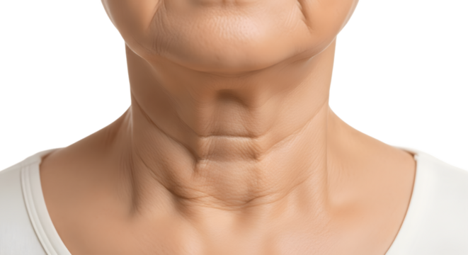 Close-up of a person's neck displaying signs of aging. 