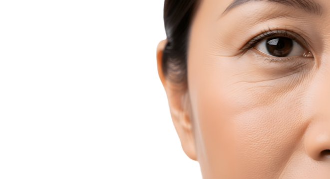 A close-up shot of a mature woman, focusing on her eye area, highlighting the natural aging process. 