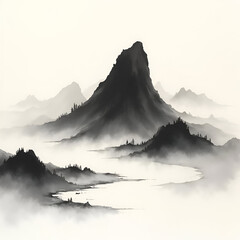 Ink Wash Painting of Towering Mountains and Misty River Landscape