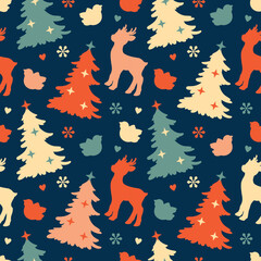 A playful retro seamless pattern with bright silhouettes of a Christmas tree, little deer, stars, and winter birds. Ideal for festive woodland fabric, wrapping paper, and party backgrounds