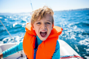 A boy wearing a bright orange life jacket smiles widely while sailing on a sunny day. The shimmering blue ocean surrounds him as he embraces the adventure. Summer holidays concept. Generative AI.