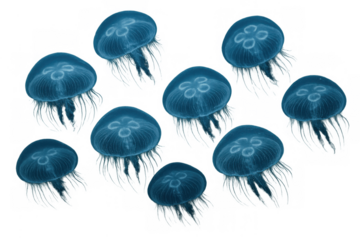 Blue jellyfish swimming, ocean life, transparent background for deep sea or marine biology concepts