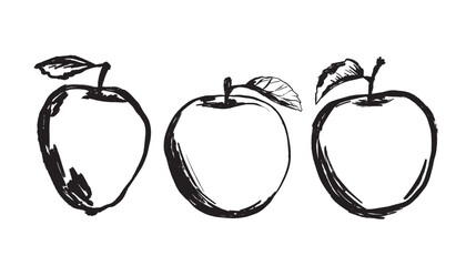 Three detailed apple illustrations with leaves in monochrome design
