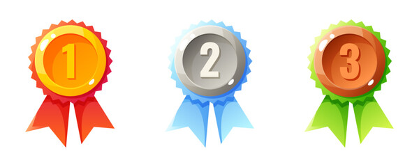 Three medals in gold, silver, and bronze colors with ribbons. The medals are numbered 1, 2, and 3, symbolizing achievement and competition.