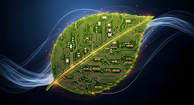 A digital illustration of a leaf with circuitry patterns representing technology and nature integration in a futuristic style