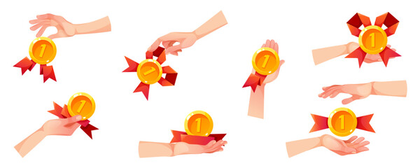 Hands holding a gold medal with red ribbons. Various positions of hands displaying the medal. Concept of achievement and awards.