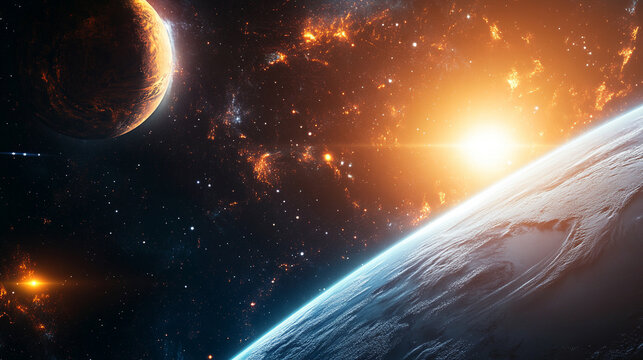 Vast cosmic scene with planets floating in deep space, surrounded by stars, nebulae, and glowing cosmic dust. Evokes wonder, exploration, and the infinite universe.