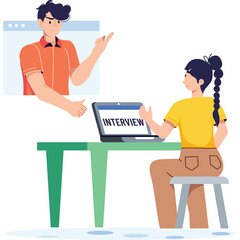 Two People Conducting an Online Job Interview Virtually with a Man on Computer Screen and a Woman Sitting at Desk
