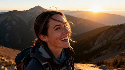 Naklejka premium A young woman standing on a mountain viewpoint at sunrise. Women Day, International Women Day, Happy Women Day, Happy International Women Day