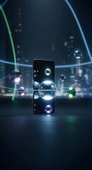 A modern smartphone standing upright on a reflective surface with colorful light trails and floating spheres creating a futuristic and dynamic visual effect