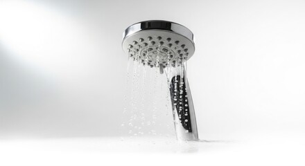 Modern Shower Head with Flowing Water on White Background