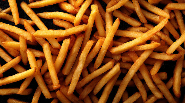 Crispy golden pommes frites (French fries) filling the frame, creating a mouthwatering background perfect for food visuals, fast food themes, or culinary presentations.