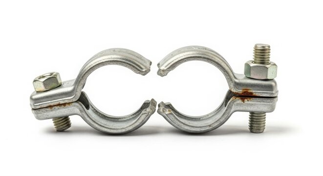 Metal Pipe Clamp with Bolts and Nuts on White Background