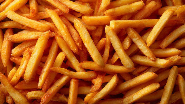 Crispy golden pommes frites (French fries) filling the frame, creating a mouthwatering background perfect for food visuals, fast food themes, or culinary presentations.