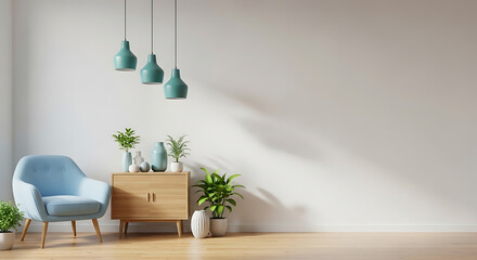 Bright and airy living room with blue armchair, cabinet, and hanging lamps indoors