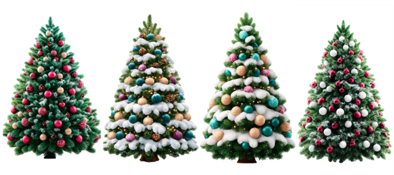 Four beautifully decorated Christmas trees with colorful ornaments and snow accents, showcasing festive holiday spirit and seasonal cheer with copy space. transparent background, isolated image