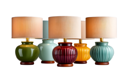 Colorful ceramic table lamps in various shapes and sizes, showcasing vibrant hues and textures, perfect for home decor and lighting design inspiration. transparent background, isolated image