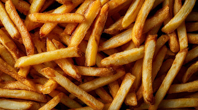 Crispy golden pommes frites (French fries) filling the frame, creating a mouthwatering background perfect for food visuals, fast food themes, or culinary presentations.