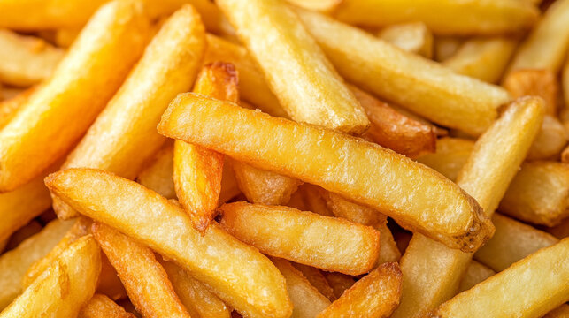 Crispy golden pommes frites (French fries) filling the frame, creating a mouthwatering background perfect for food visuals, fast food themes, or culinary presentations.