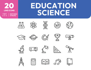Collection of twenty science and education line icons with editable strokes