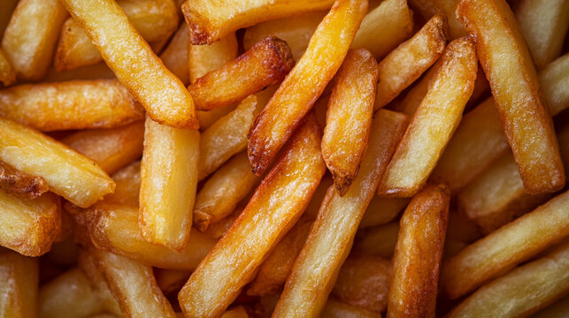 Crispy golden pommes frites (French fries) filling the frame, creating a mouthwatering background perfect for food visuals, fast food themes, or culinary presentations.